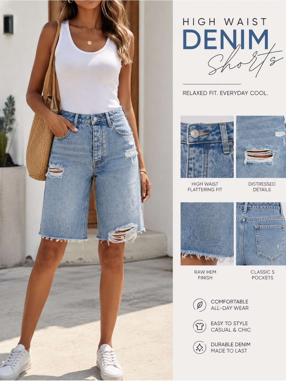JOES BERMUDA High-Waist Light Blue Distressed Denim Shorts - Women